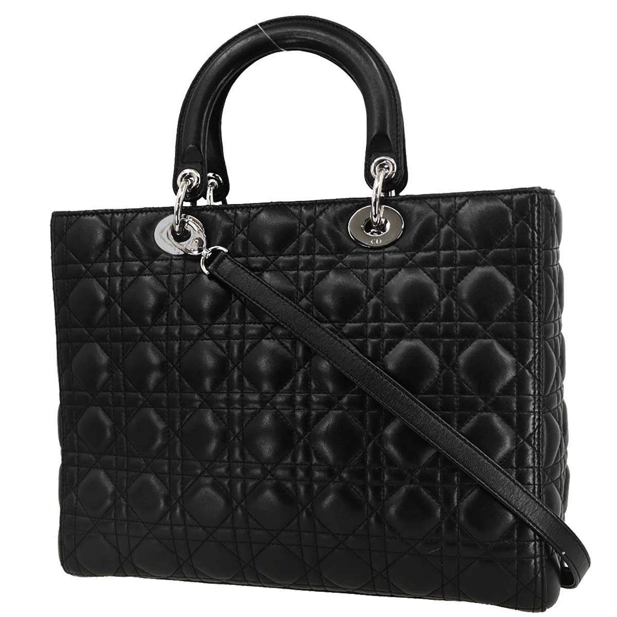 Christian Dior Black Lambskin Large Lady Dior Cannage 2way Shoulder Handbag