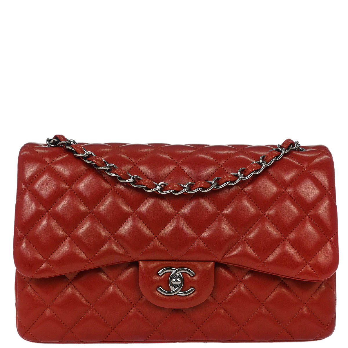 Chanel Red Lambskin Jumbo Classic Double Flap Shoulder Bag