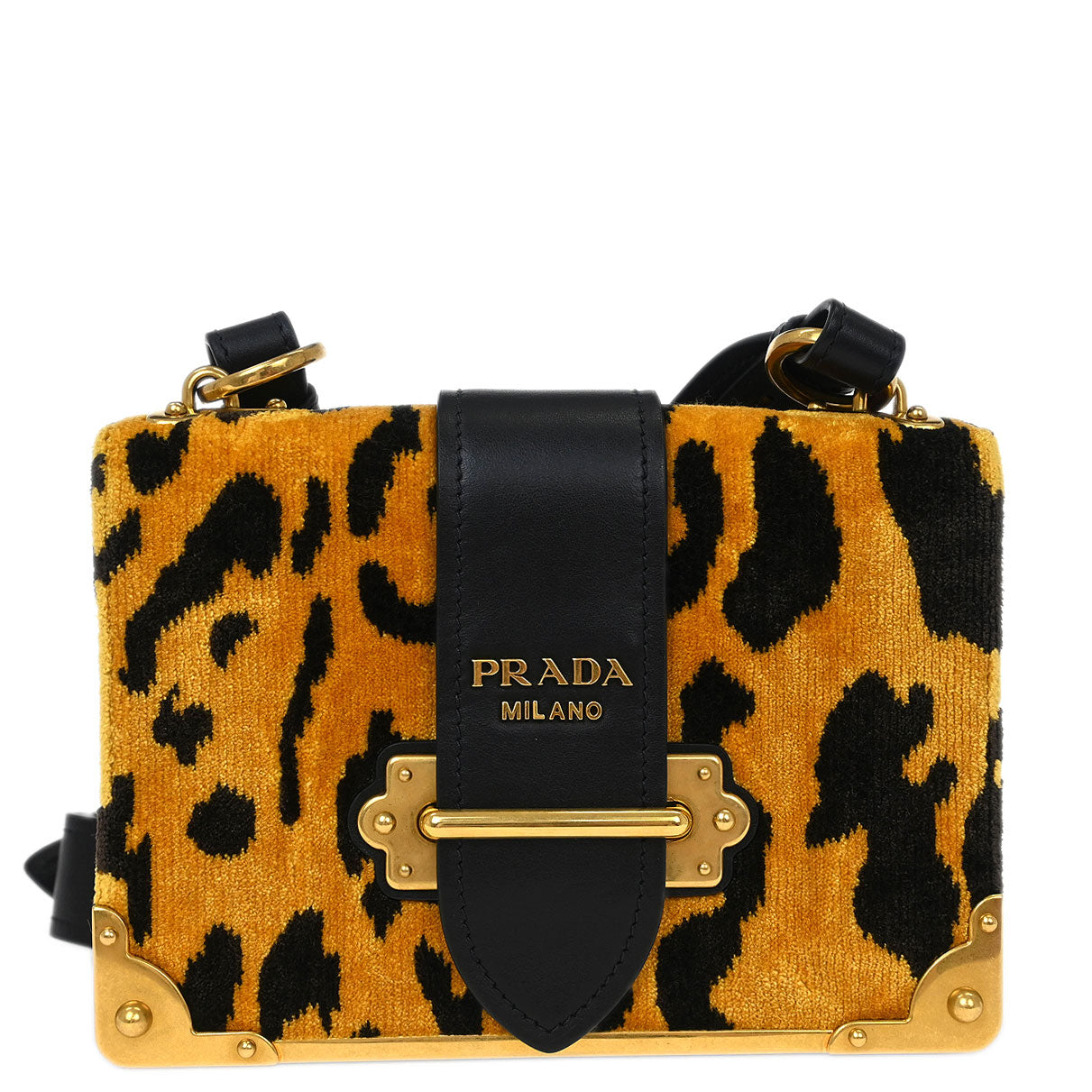 Prada Yellow Black Velvet Leopard Cahier Shoulder Bag