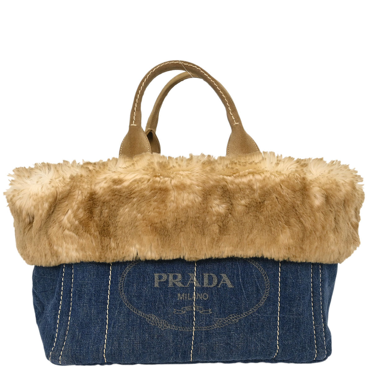 Prada Blue Denim Faux Fur Canapa Tote Handbag