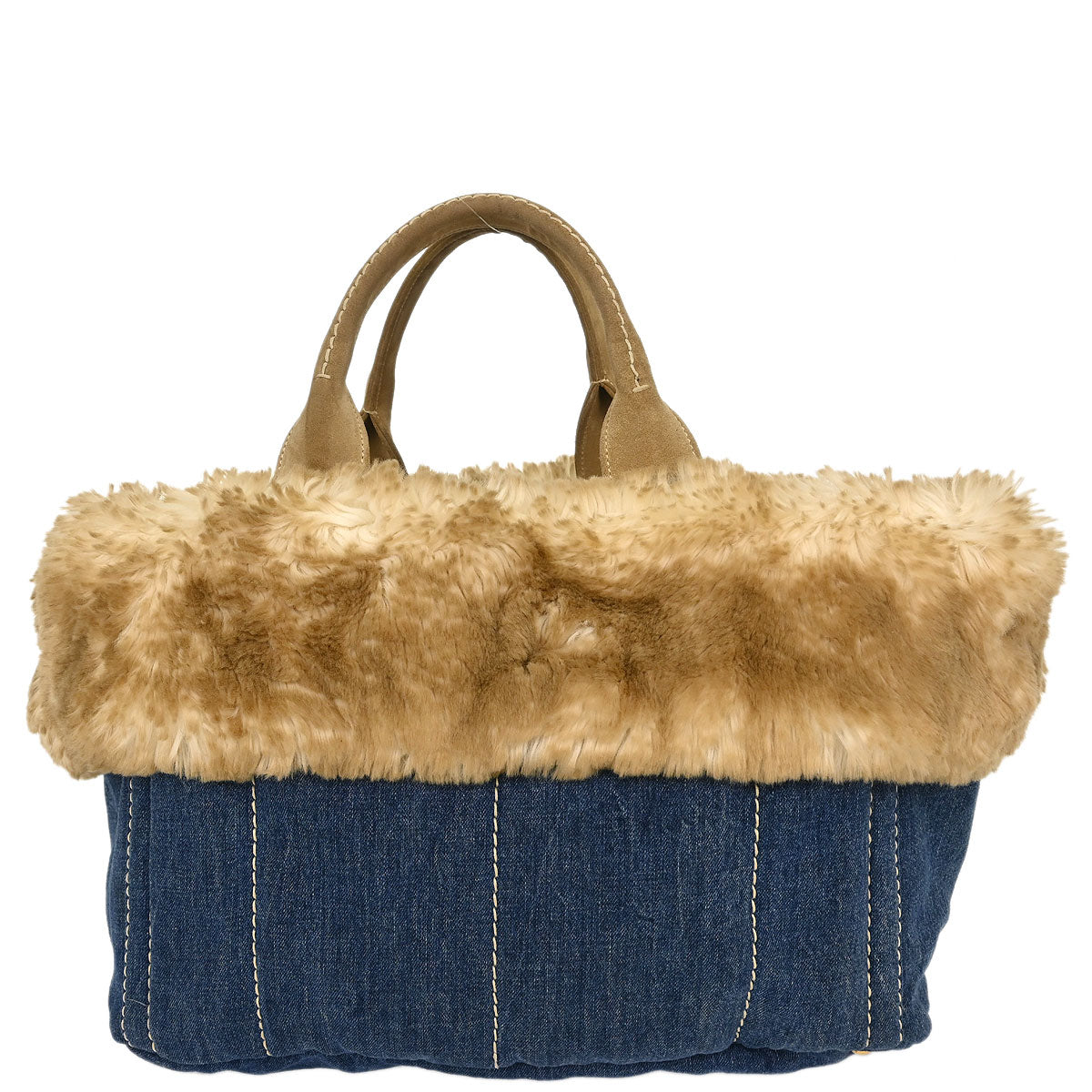 Prada Blue Denim Faux Fur Canapa Tote Handbag