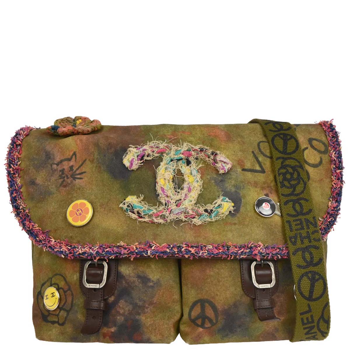 Chanel * Khaki Green Canvas Graffiti On The Pavement Messenger Bag