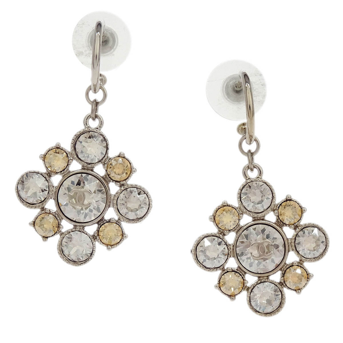 Chanel Rhombus Dangle Piercing Earrings Silver Rhinestone C13V