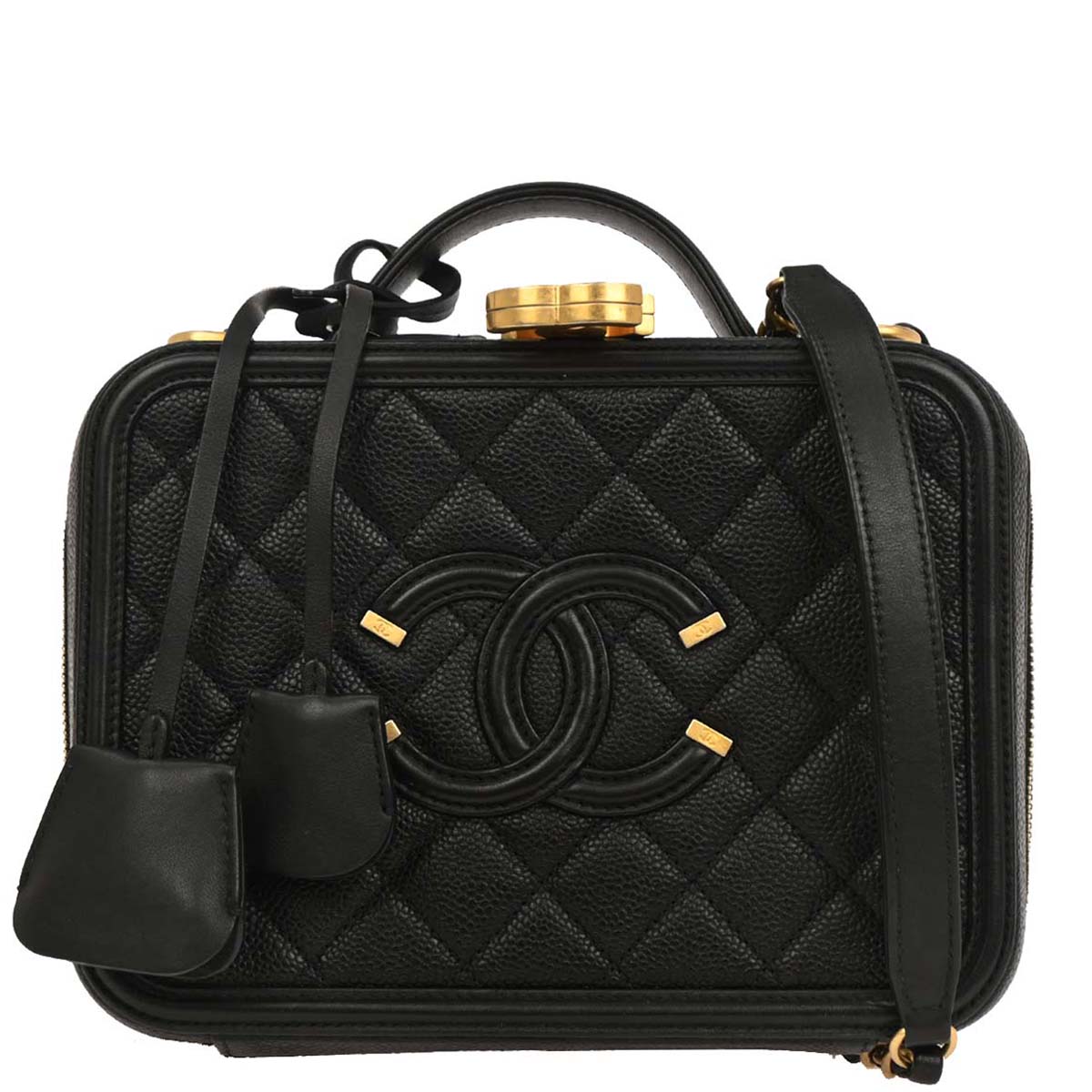 Chanel 2019 Black Caviar CC Filigree 2way Shoulder Vanity Handbag