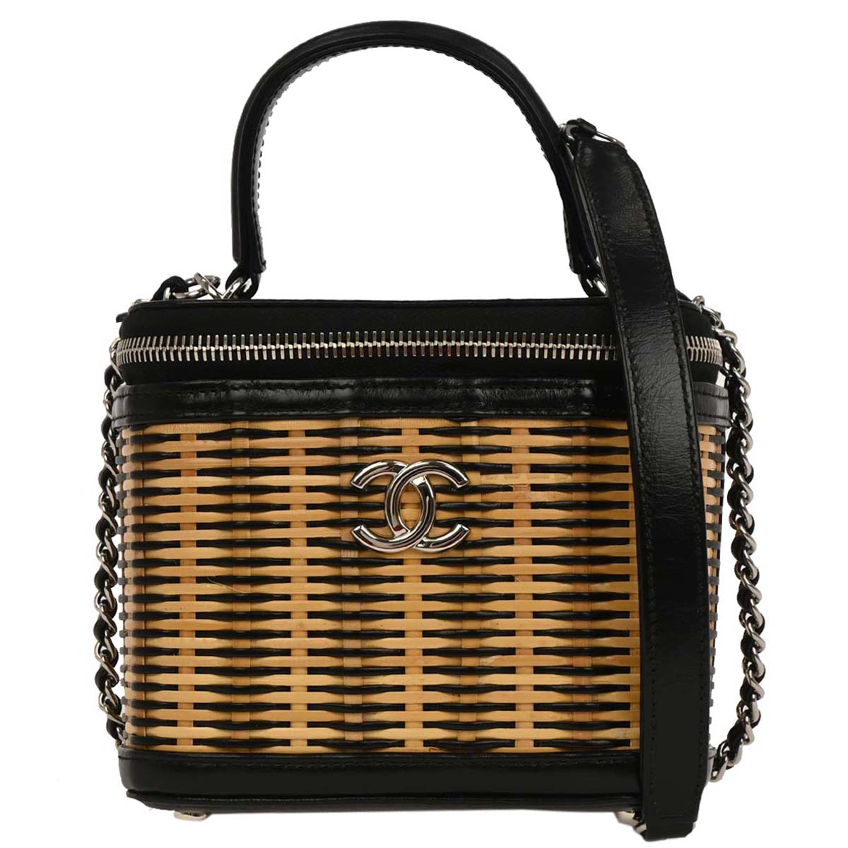 Chanel Black Beige Rattan Calfskin Vanity Handbag