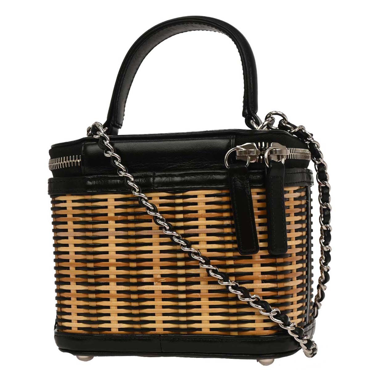 Chanel Black Beige Rattan Calfskin Vanity Handbag