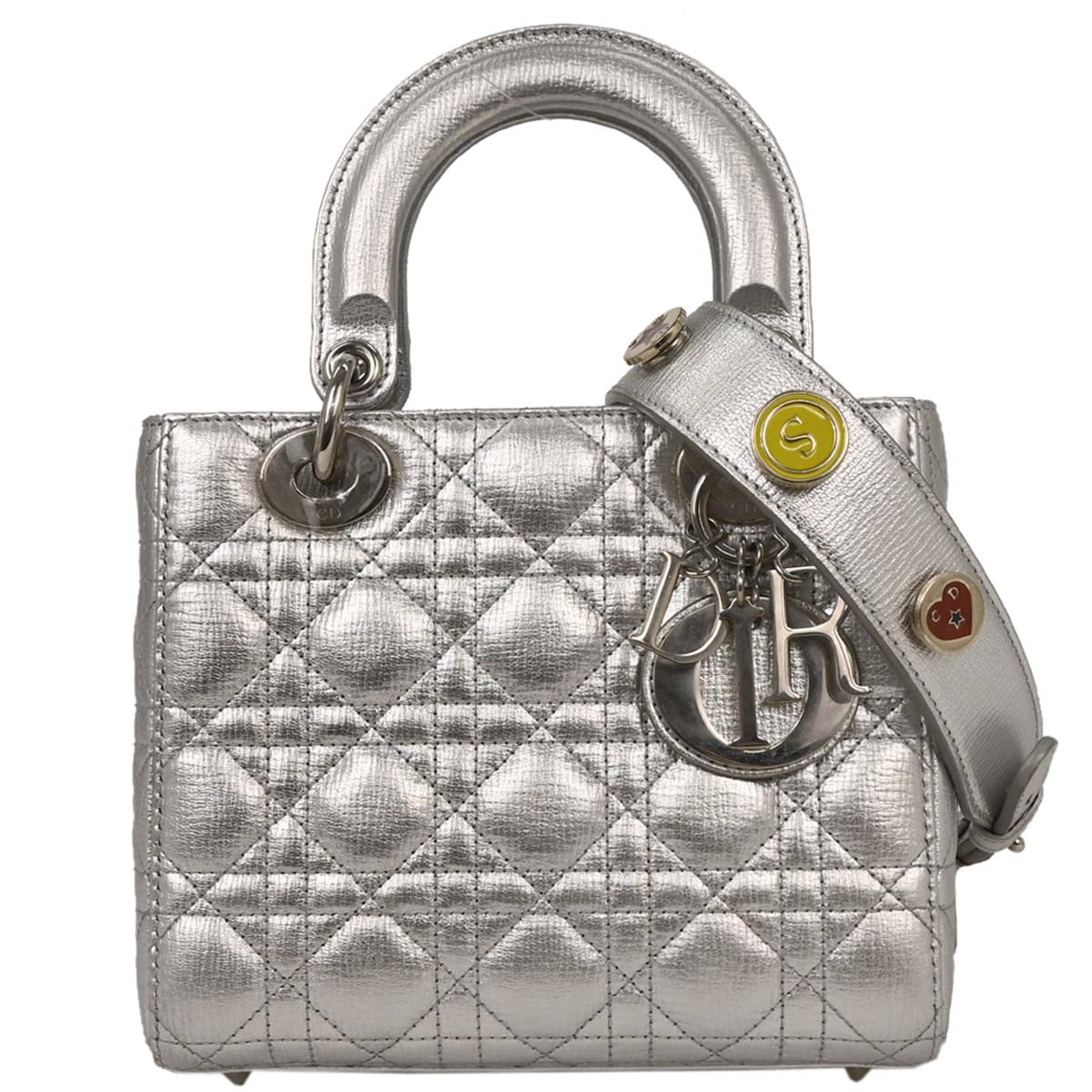 Christian Dior Silver Lambskin Small Lady Dior Cannage 2way Shoulder Handbag