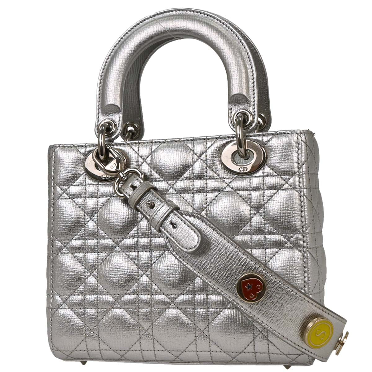 Christian Dior Silver Lambskin Small Lady Dior Cannage 2way Shoulder Handbag