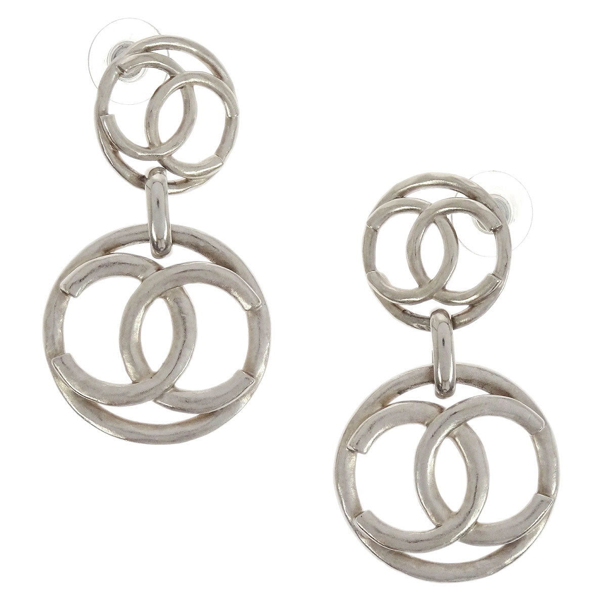 Chanel CC Button Dangle Piercing Earrings Silver A18P