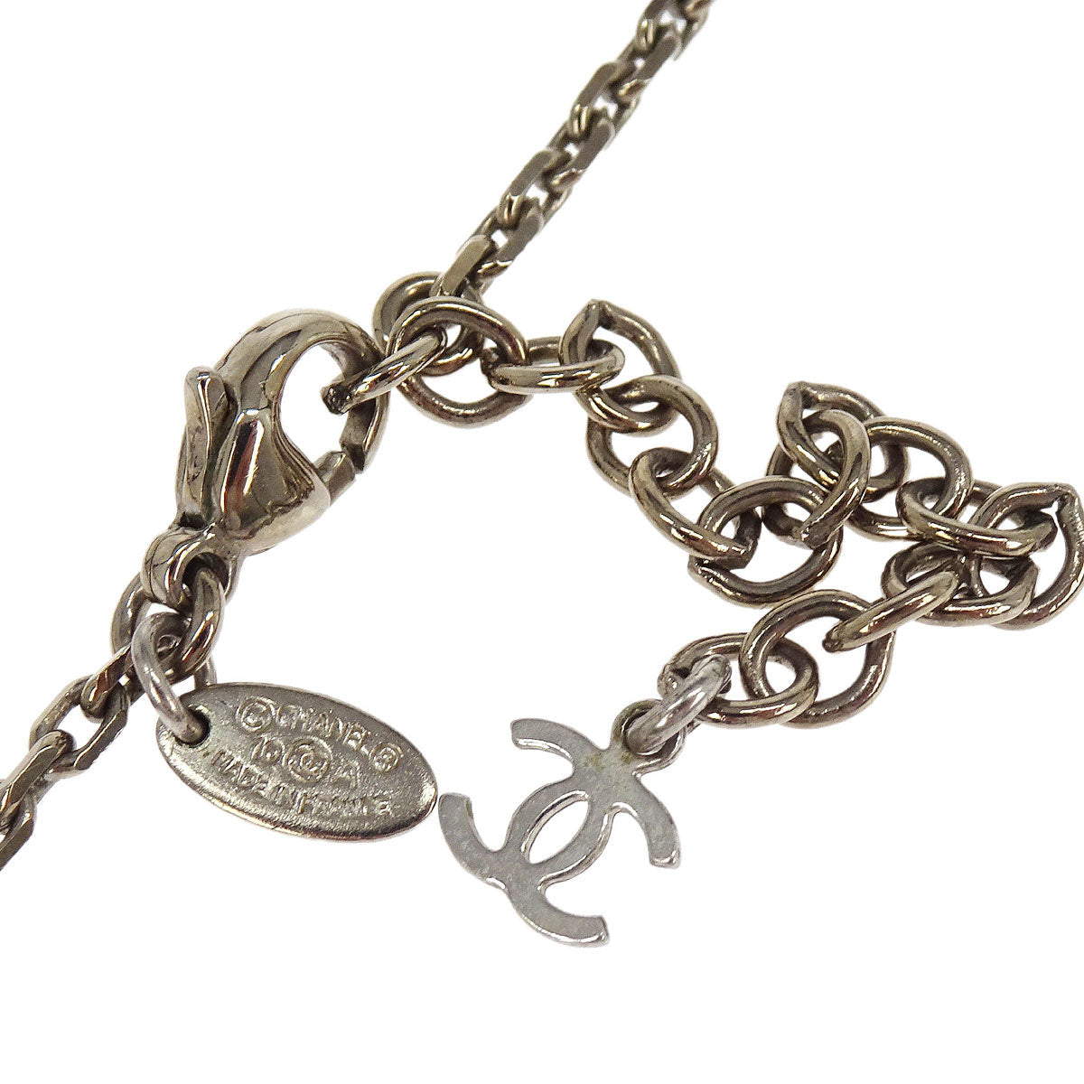 Chanel Silver Medallion Chain Pendant Necklace 10A