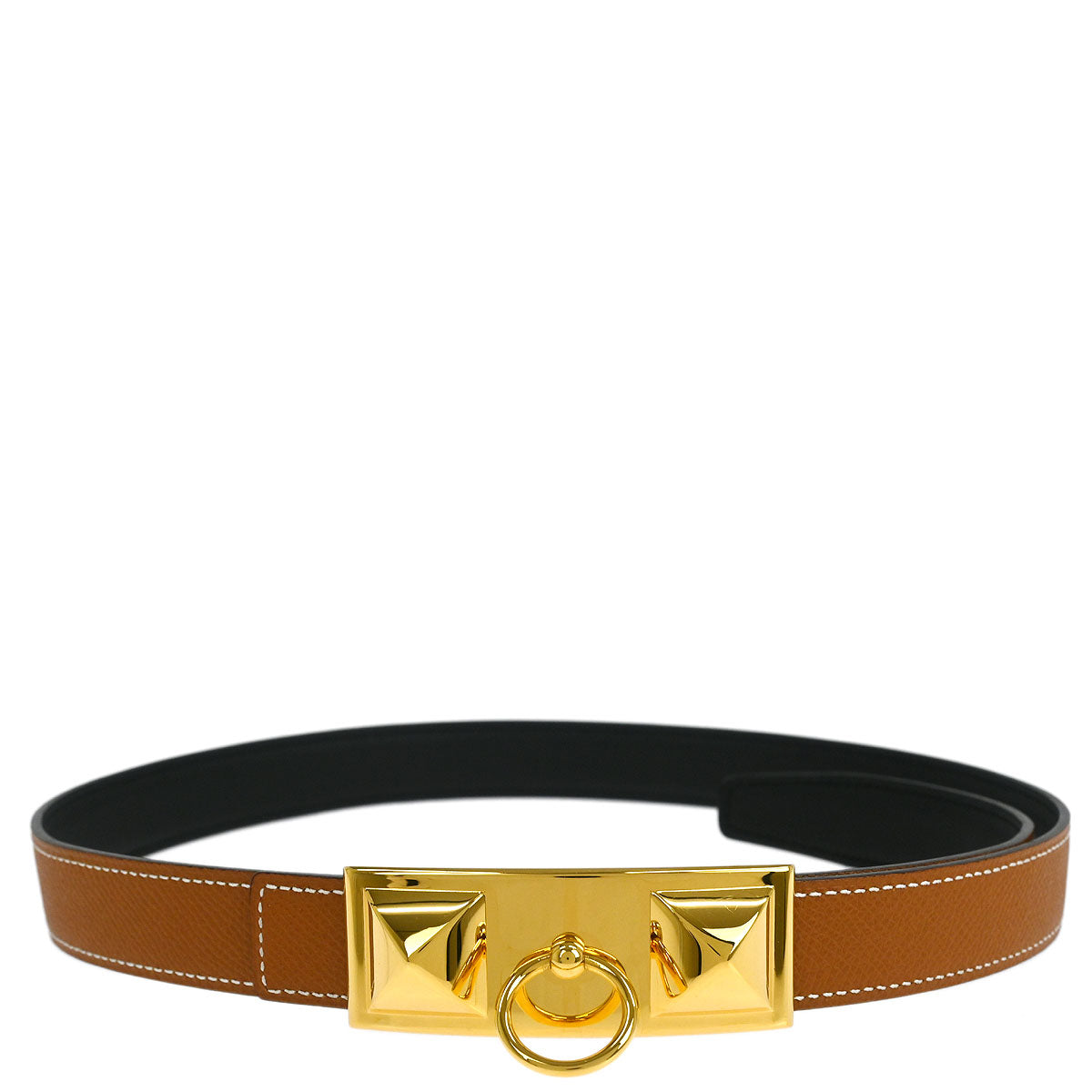 Hermes Gold Black Box Calf Epsom Collier de Chien Belt #85 Small Good