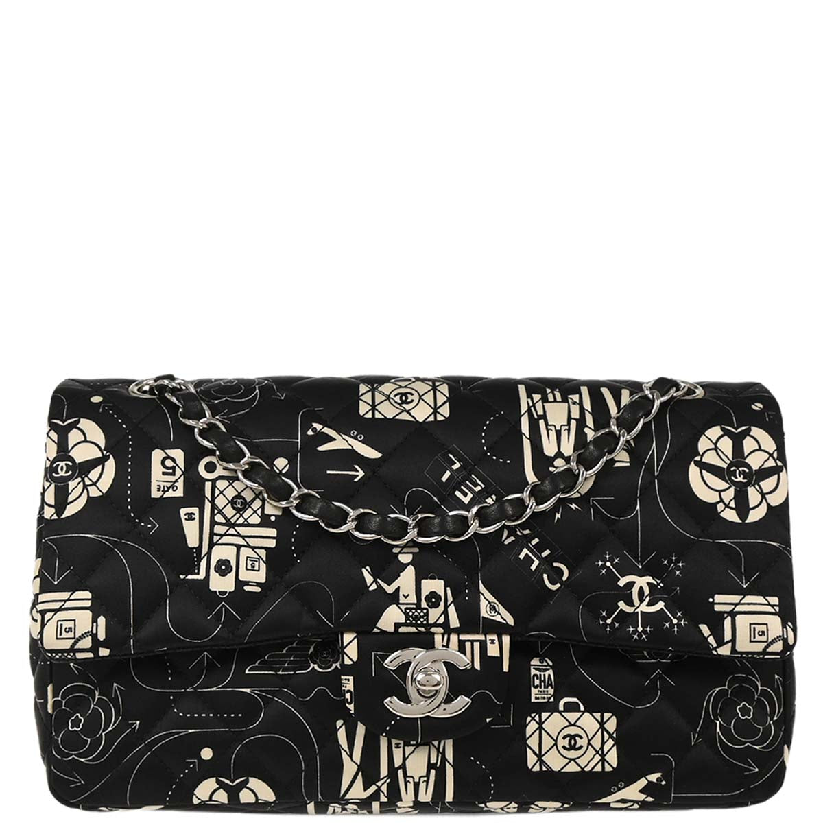 Chanel Black Satin Airline Medium Classic Double Flap Shoulder Bag