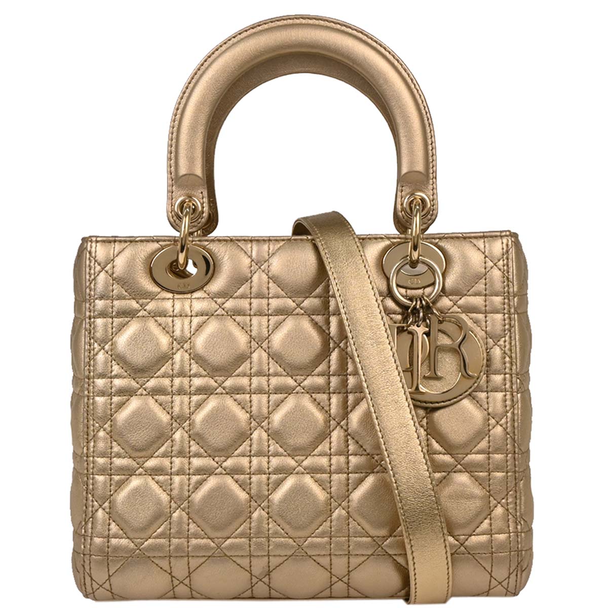 Christian Dior Gold Lambskin Medium Lady Dior Cannage 2way Shoulder Handbag
