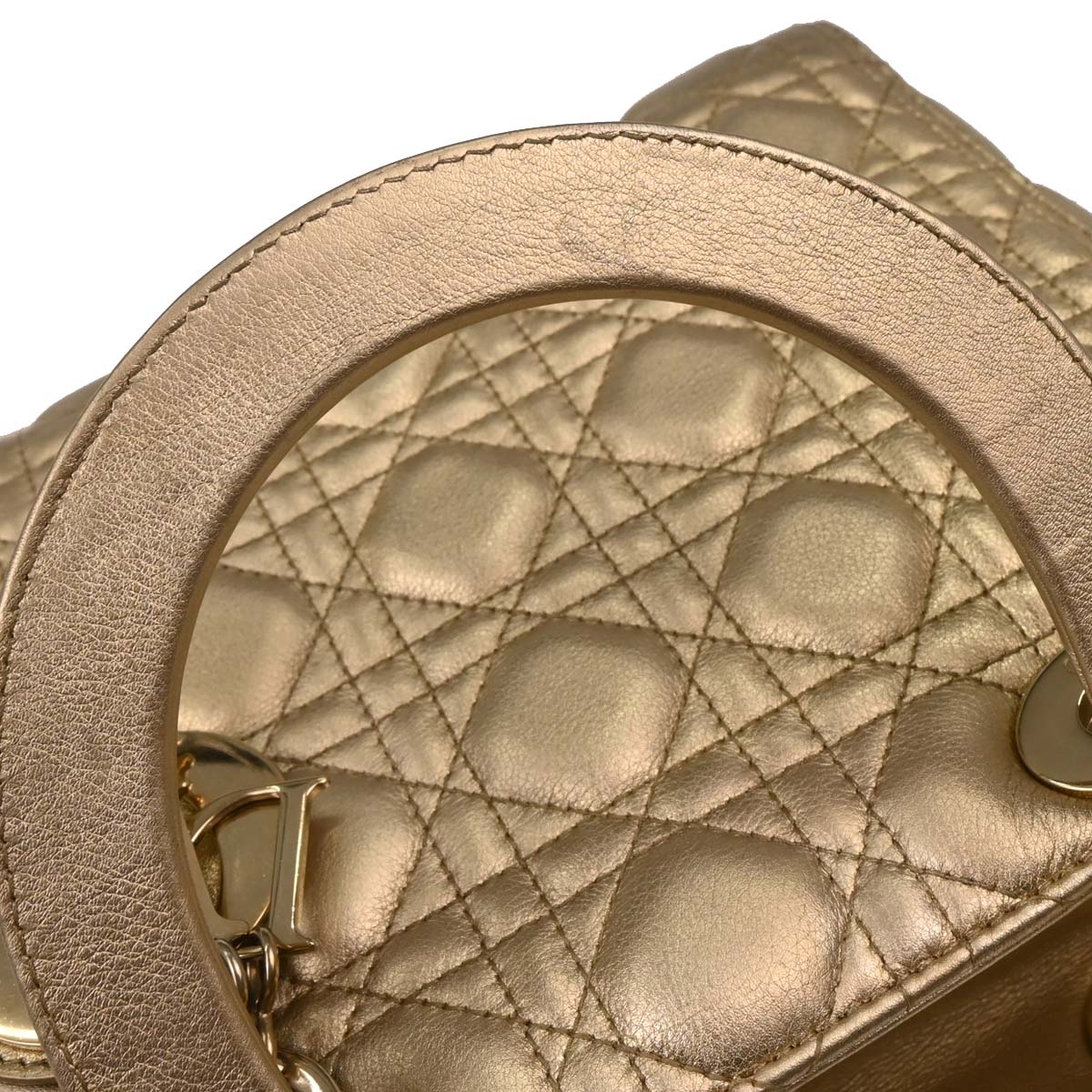 Christian Dior Gold Lambskin Medium Lady Dior Cannage 2way Shoulder Handbag