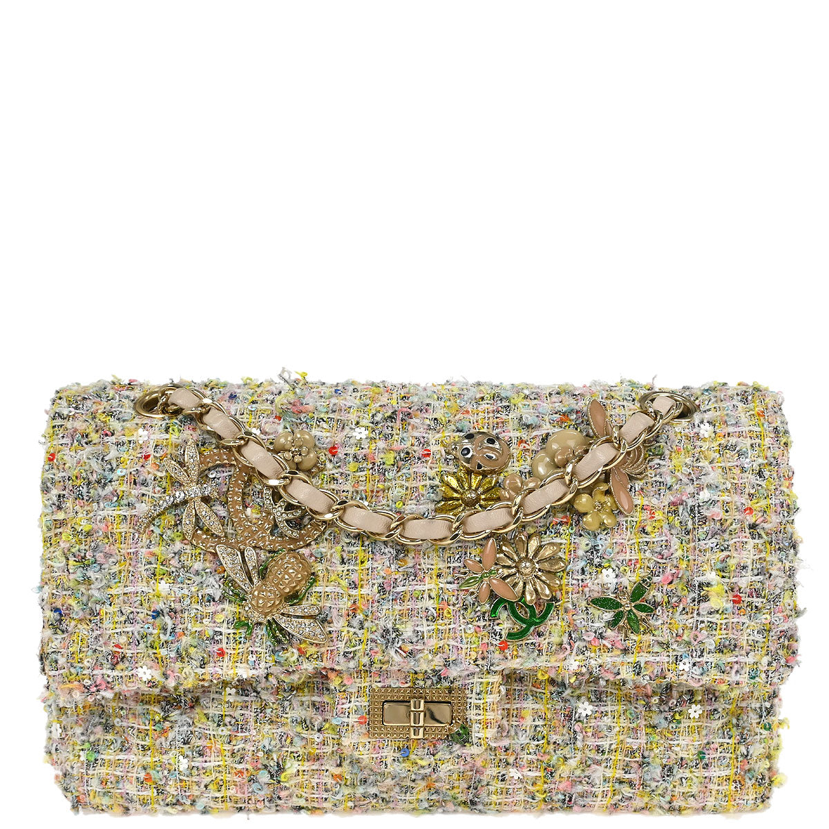 Chanel White Tweed Garden Party Medium Classic Double Flap Shoulder Bag