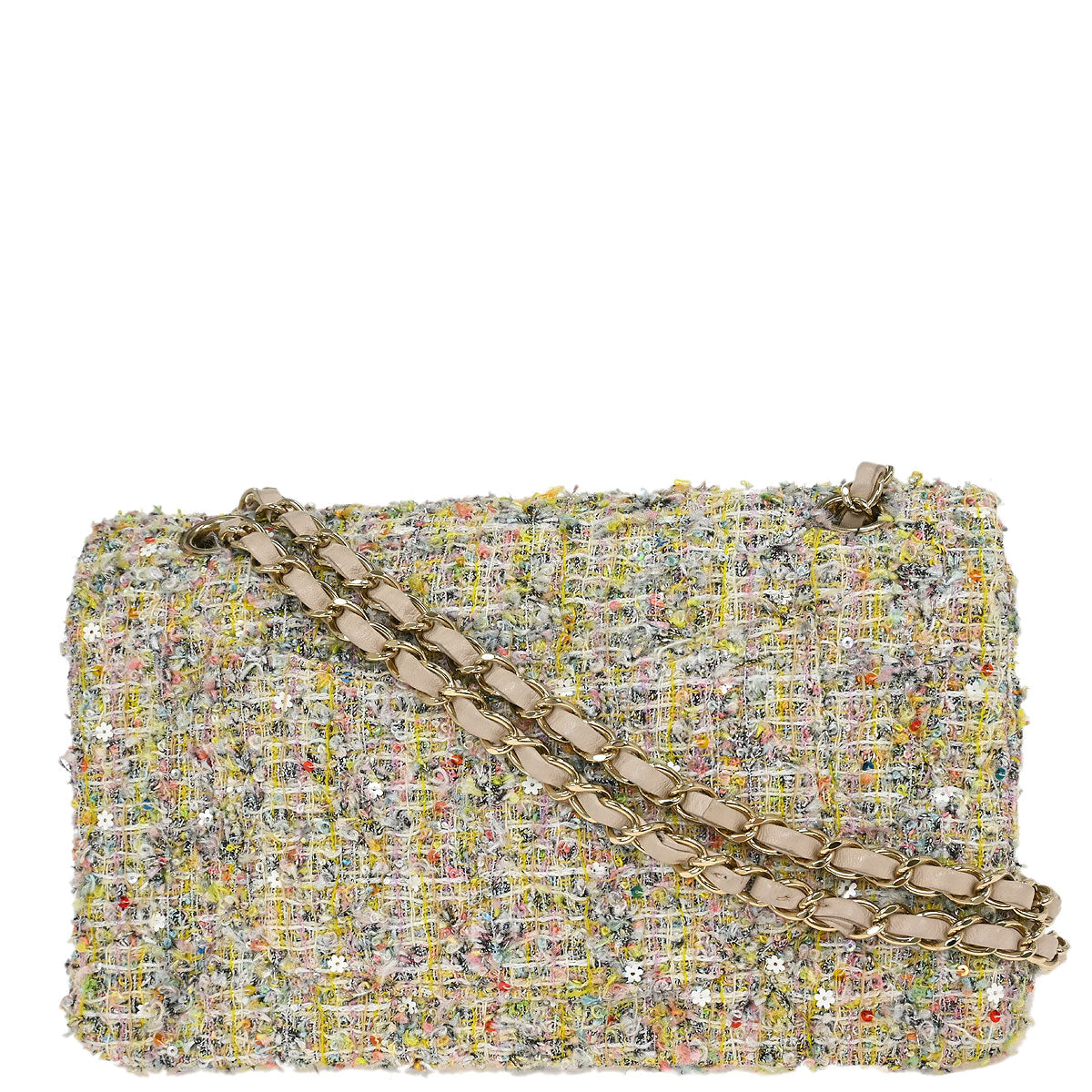 Chanel White Tweed Garden Party Medium Classic Double Flap Shoulder Bag
