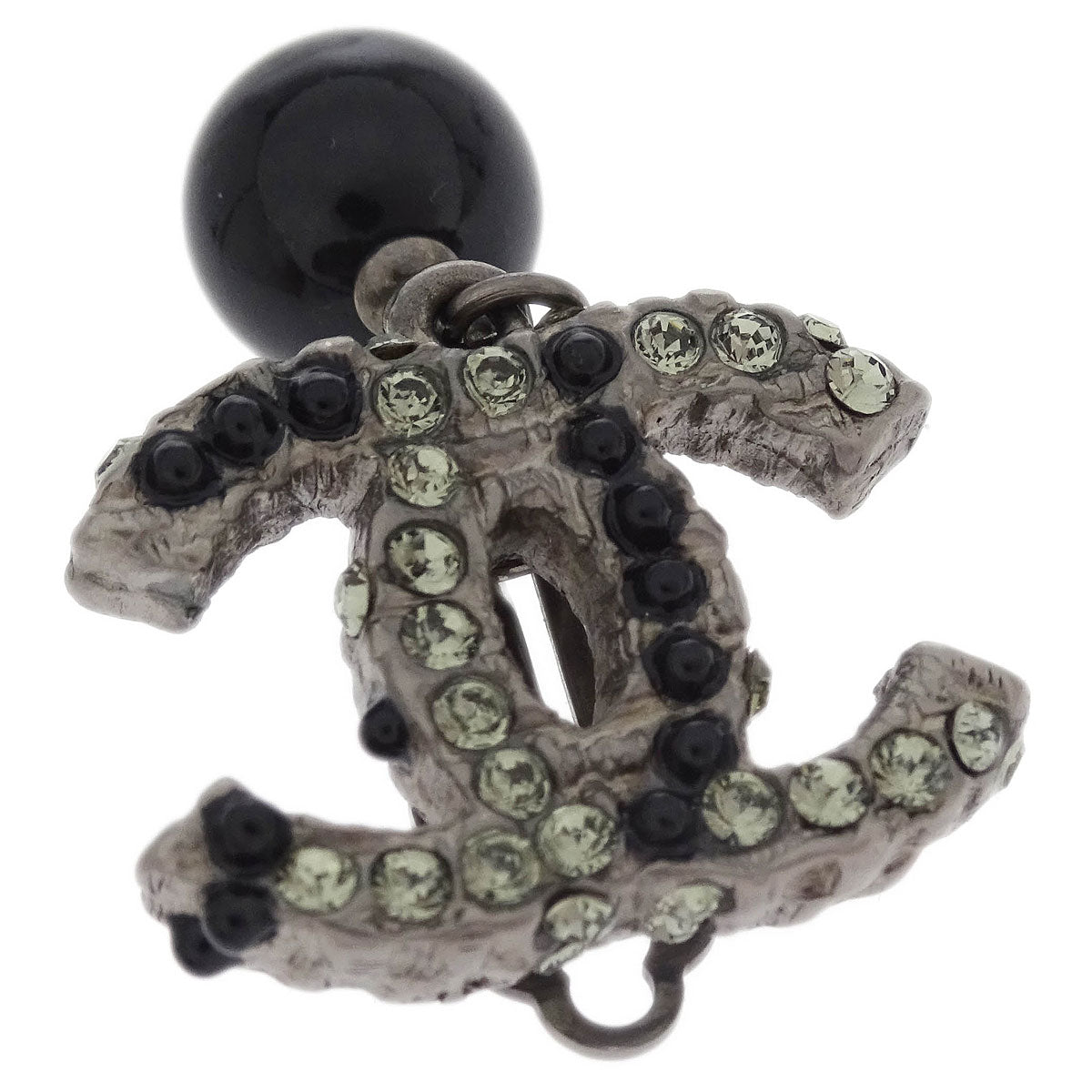 Chanel CC Earrings Clip-On Dangle Silver Rhinestone 10A