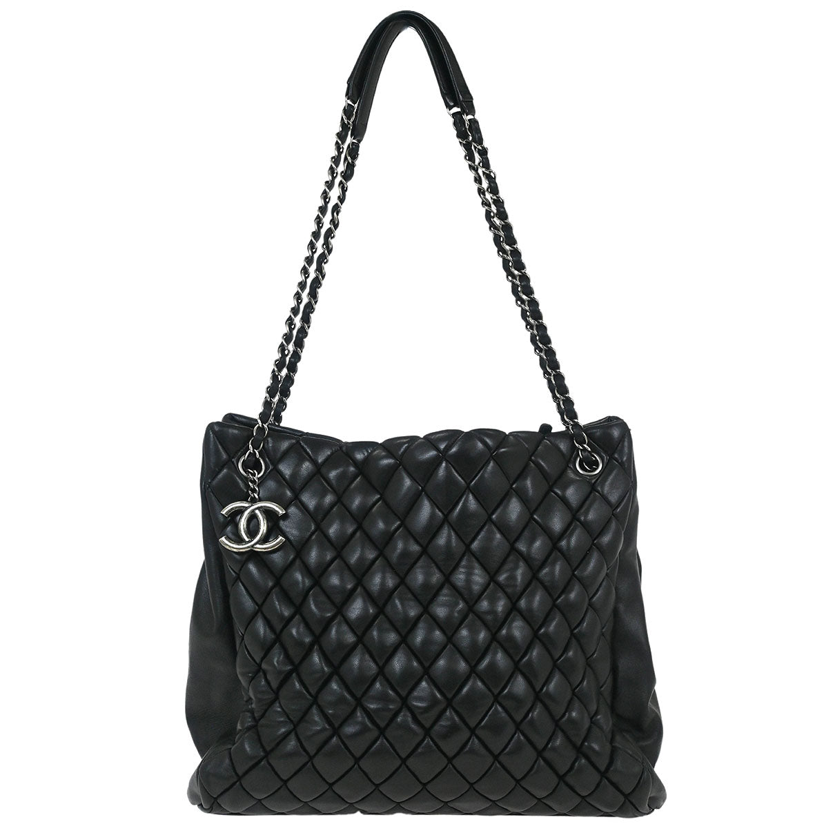 Chanel 2010-2011 Black Calfskin Bubble Quilt Tote Shoulder Bag