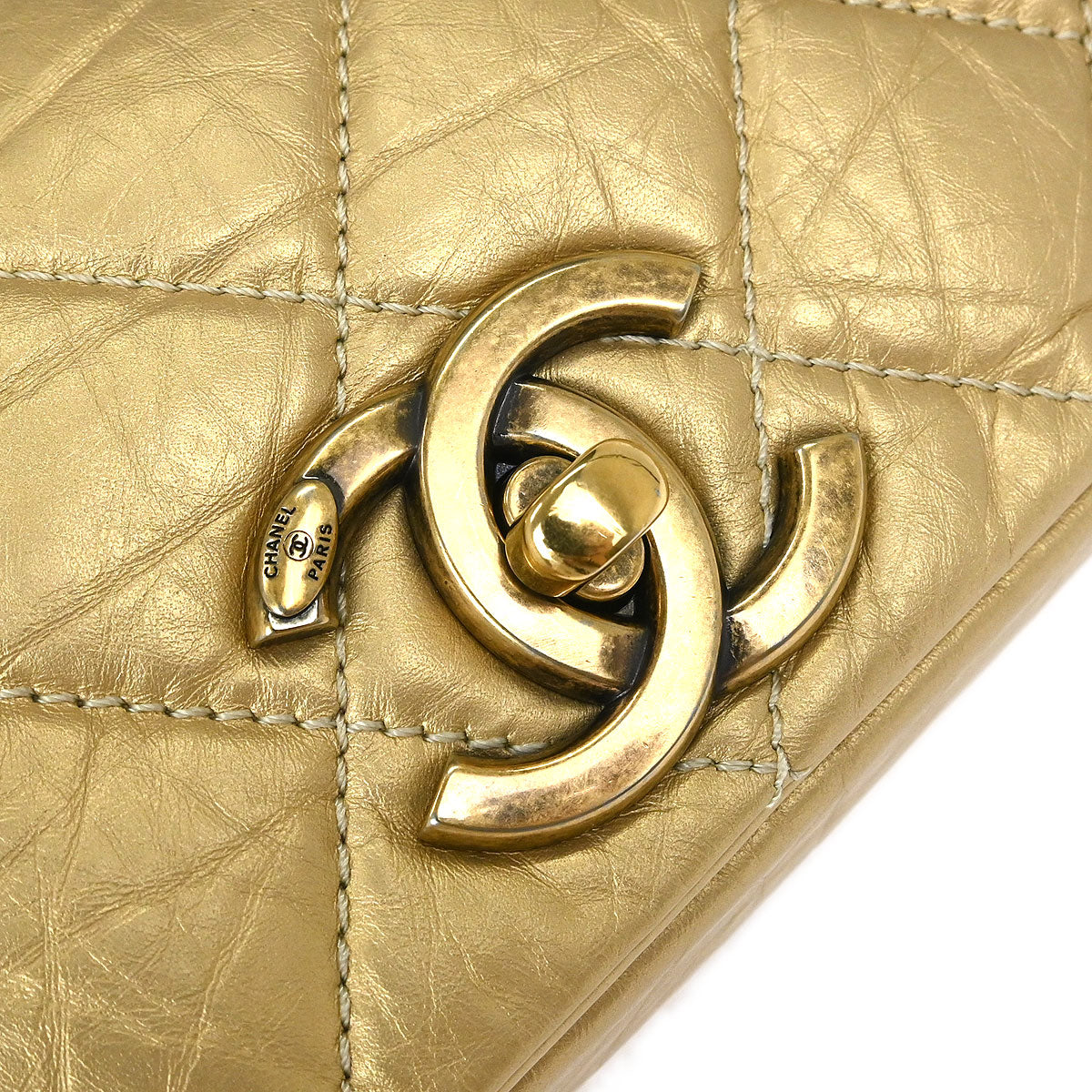 Chanel 2012 Gold Calfskin Pondicherry Flap 2way Shoulder Handbag