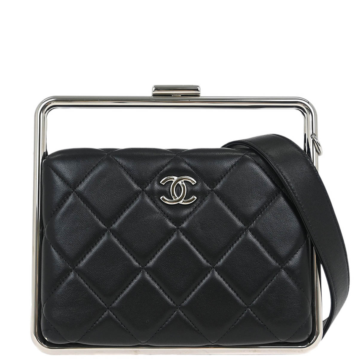 Chanel 2019 Black Lambskin Metal Bar Frame 2way Shoulder Handbag