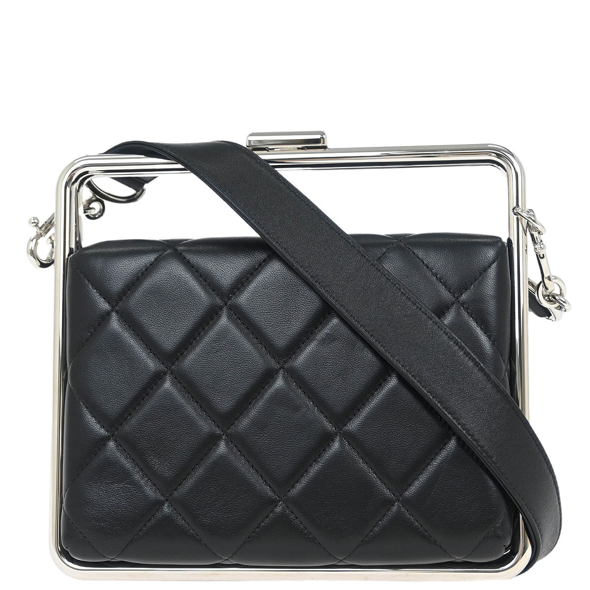 Chanel 2019 Black Lambskin Metal Bar Frame 2way Shoulder Handbag