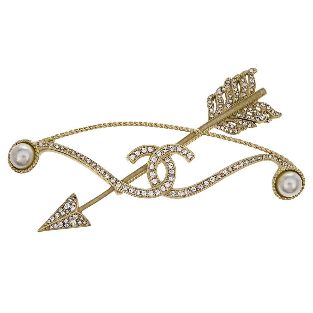 Chanel Bow And Arrow CC Rhinestone Costume Pearl Brooch Pin Gold 18C