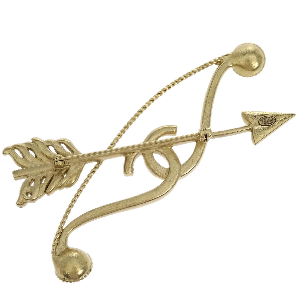 Chanel Bow And Arrow CC Rhinestone Costume Pearl Brooch Pin Gold 18C