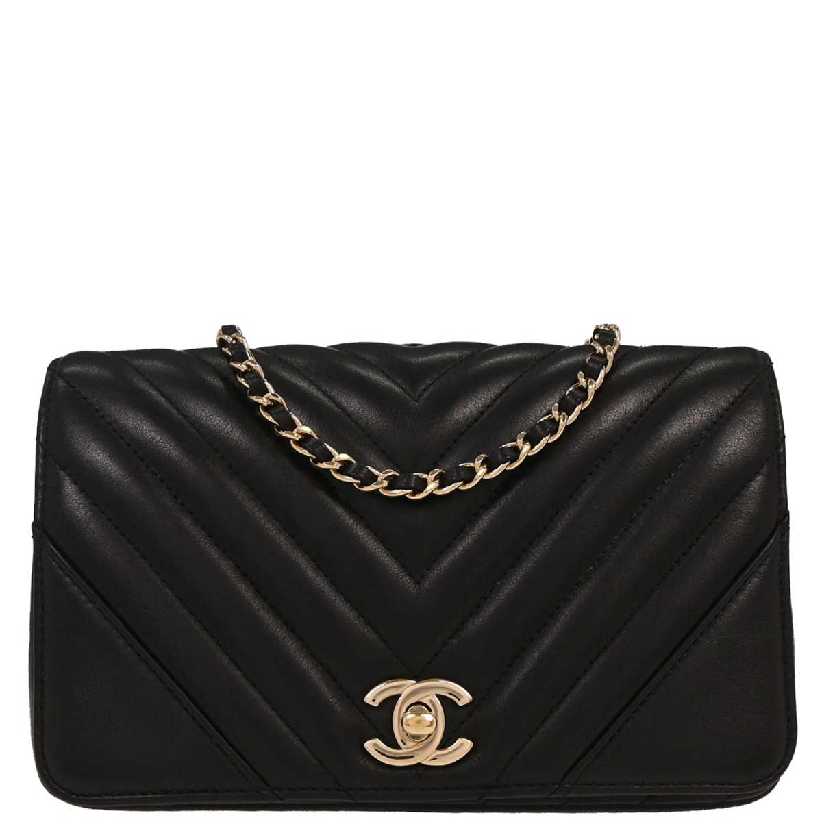 Chanel 2019 Black Lambskin Turnlock Mini Full Flap Chevron Shoulder Bag