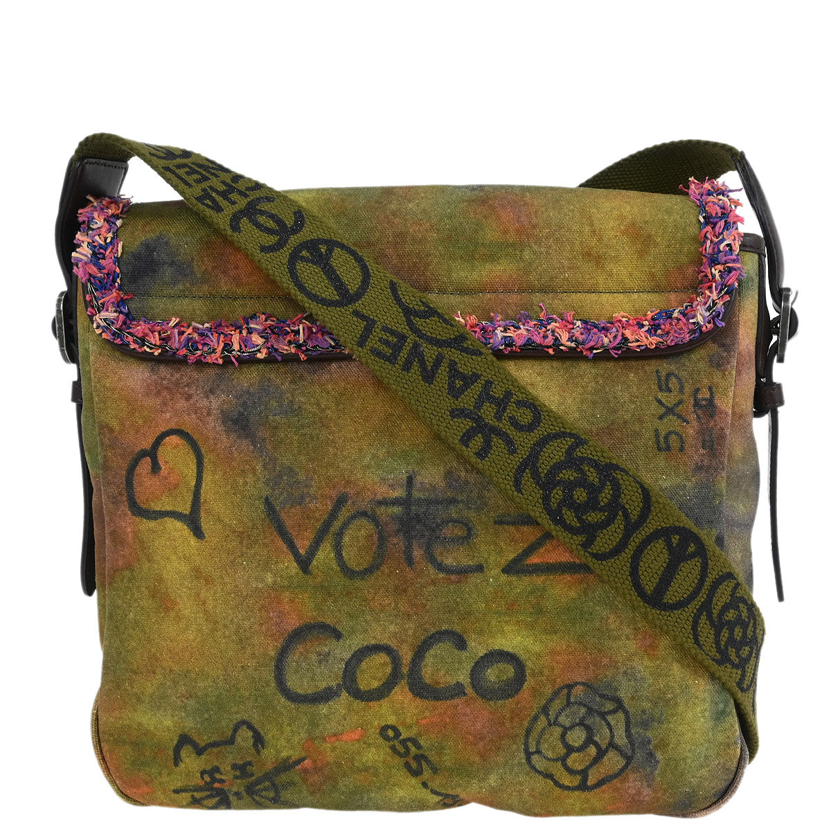 Chanel 2015-2016 Khaki Canvas Graffiti On The Pavement Shoulder Bag