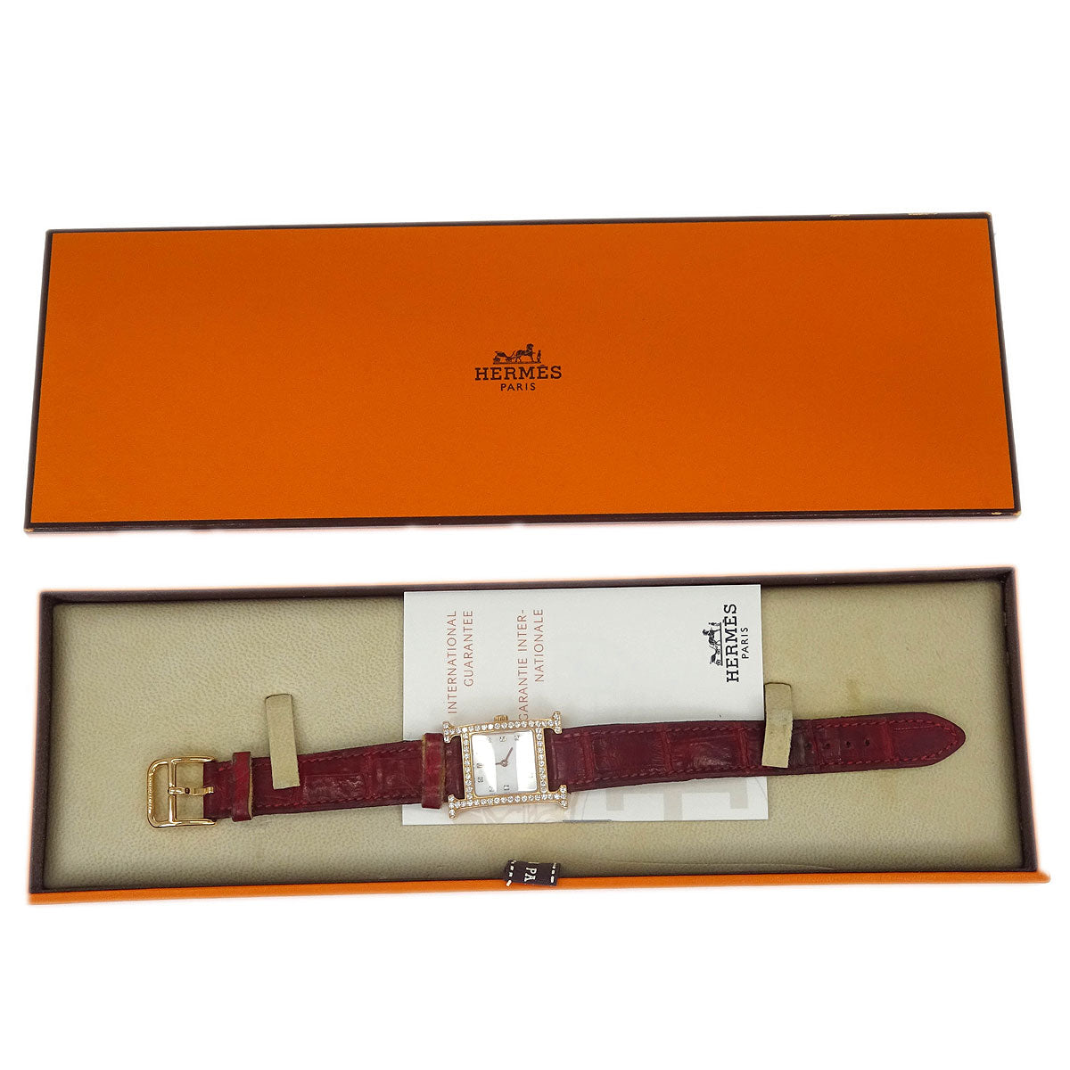 Hermes * H Watch HH1.271 Quartz Gold Bordeaux Crocodile Diamond
