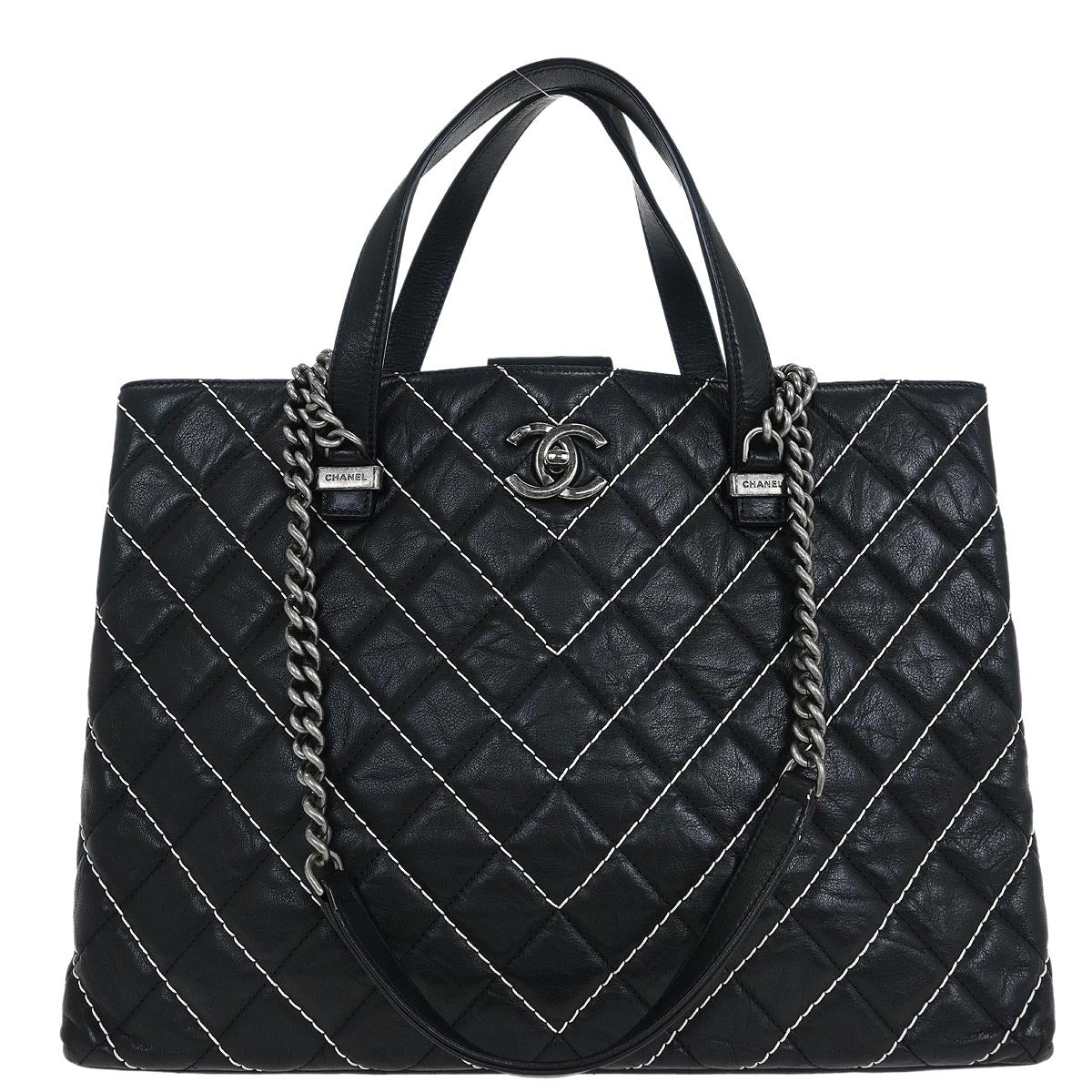 Chanel Black Calfskin Chevron Tote 2way Shoulder Handbag
