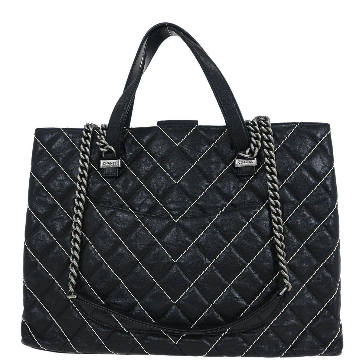Chanel Black Calfskin Chevron Tote 2way Shoulder Handbag