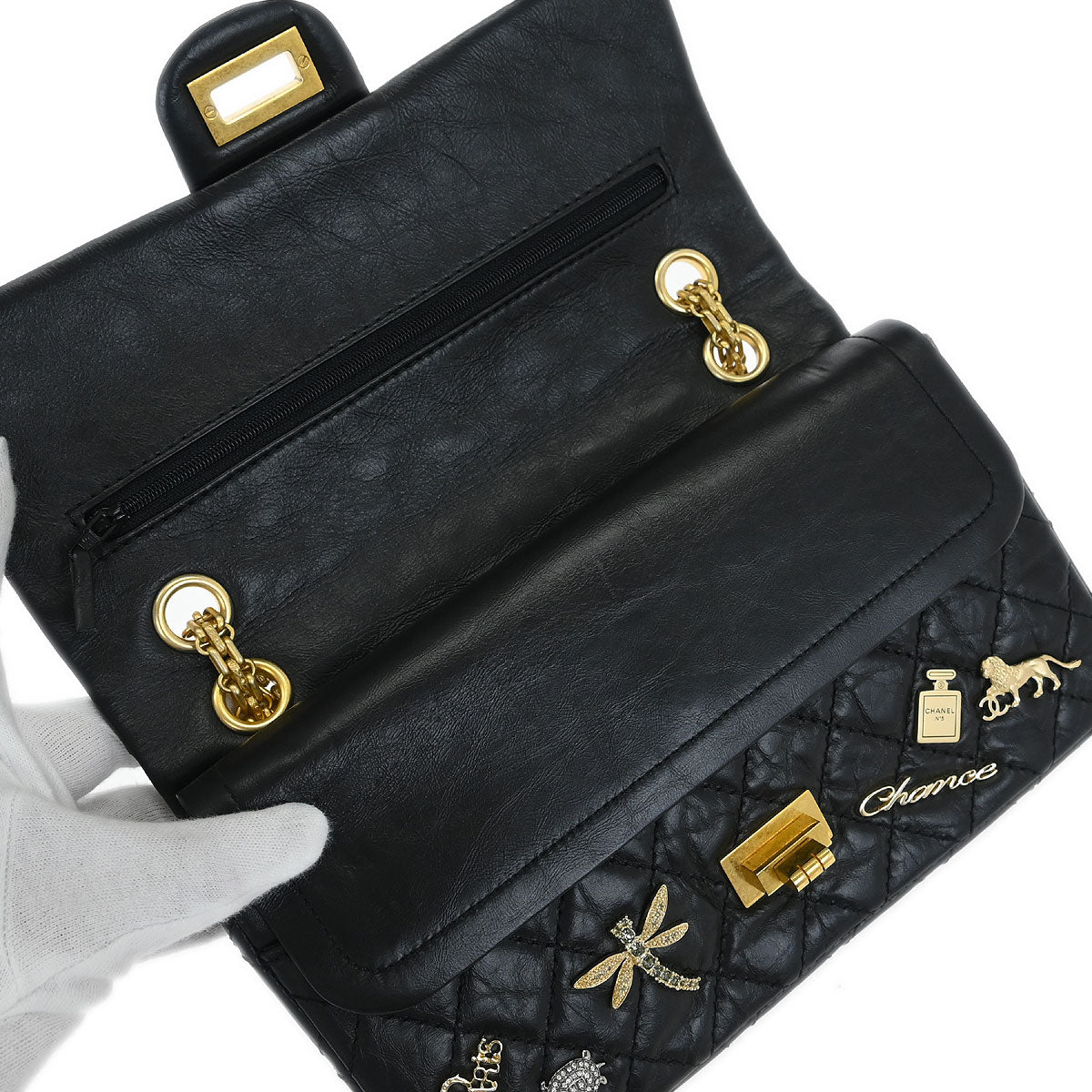 Chanel 2017-2018 Black Calfskin Icon 2.55 Medium Classic Double Flap Shoulder Bag