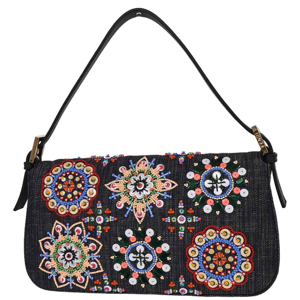 Fendi Navy Denim Beaded Baguette Handbag