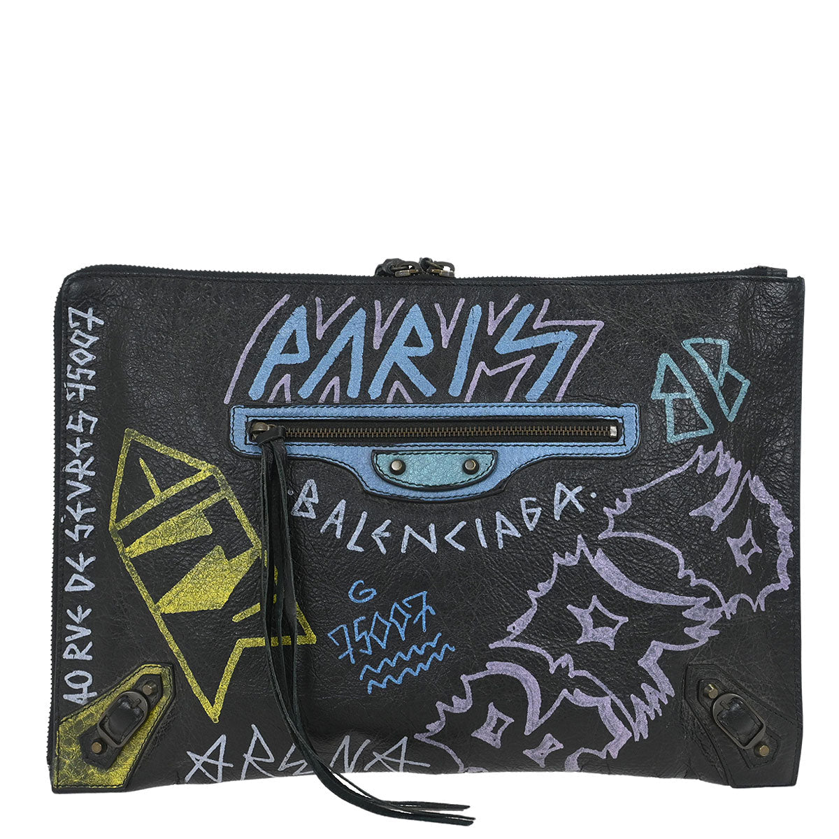 Balenciaga Black Lambskin Graffiti Print Clutch Bag