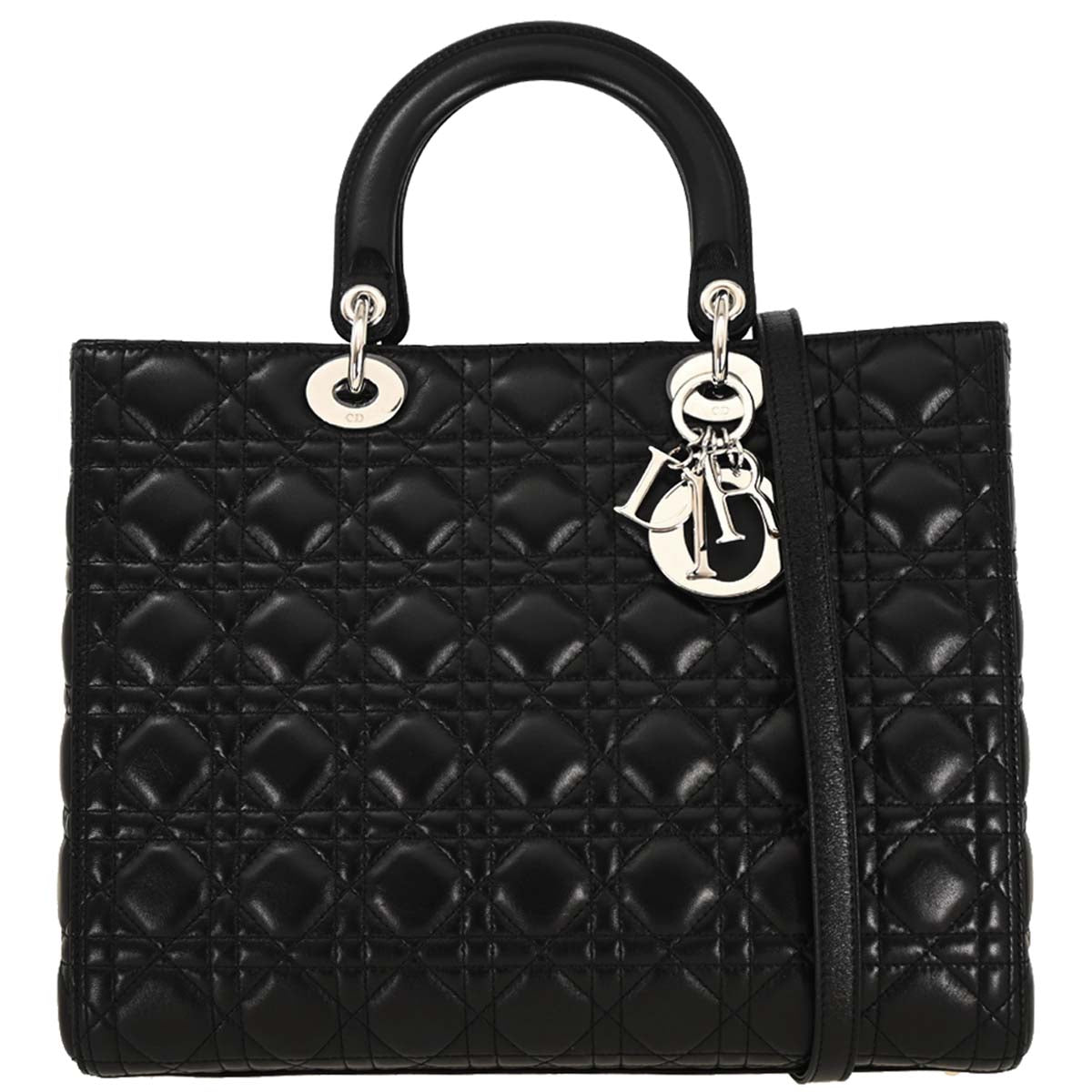 Christian Dior Black Lambskin Large Lady Dior Cannage 2way Shoulder Handbag