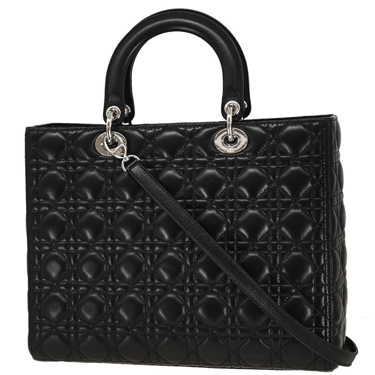 Christian Dior Black Lambskin Large Lady Dior Cannage 2way Shoulder Handbag