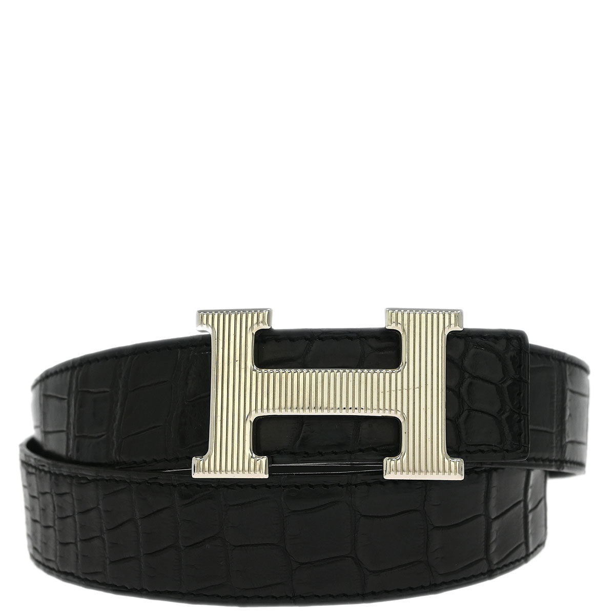 Hermes * Black Porosus Crocodile Guilloche Constance Belt #100 Small Good