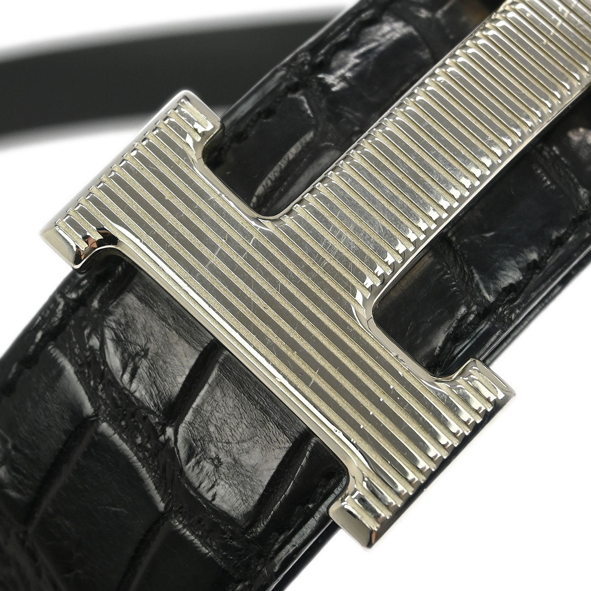 Hermes * Black Porosus Crocodile Guilloche Constance Belt #100 Small Good