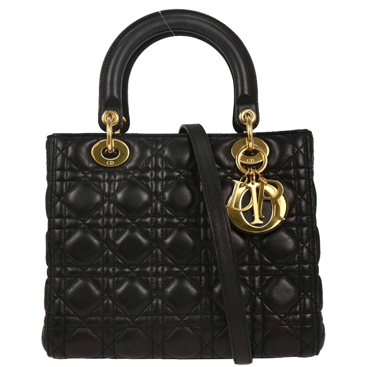 Christian Dior Black Lambskin Medium Lady Dior Cannage 2way Shoulder Handbag