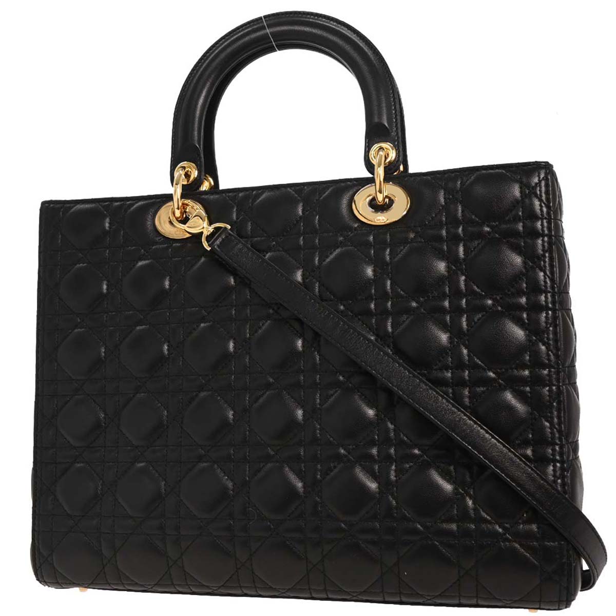 Christian Dior Black Lambskin Large Lady Dior Cannage 2way Shoulder Handbag