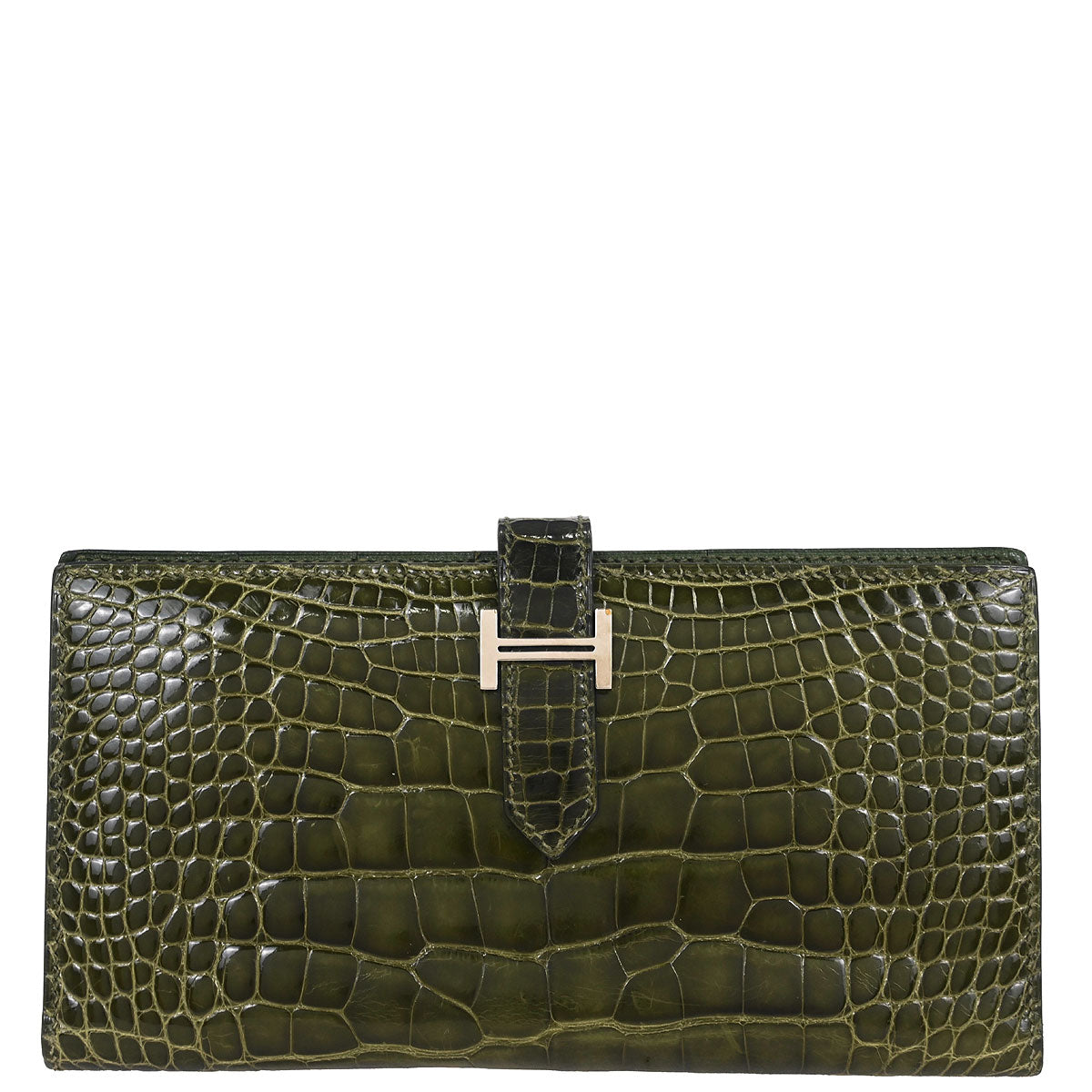 HERMES Béarn Soufflet Alligator Green Hermes Bearn Soufflet Vert Jade Alligator crocodile skin Gold