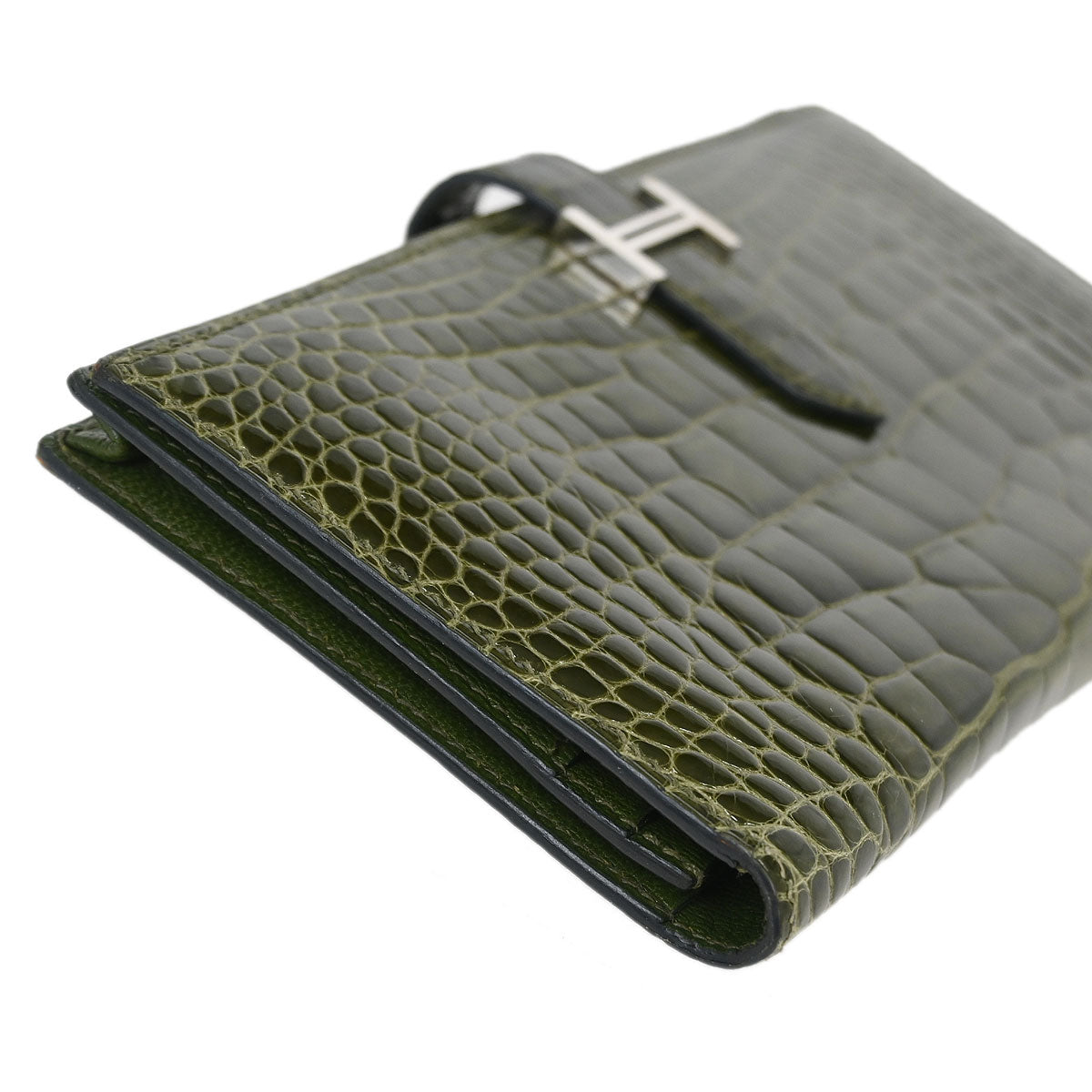 Hermes * Olive Green Alligator Bearn Soufflet Wallet
