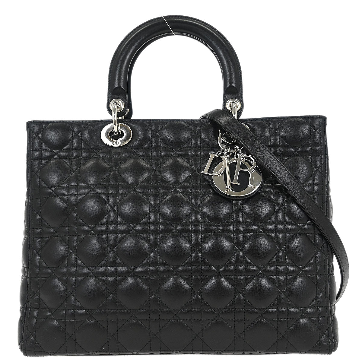 Christian Dior Black Lambskin Large Lady Dior Cannage 2way Handbag