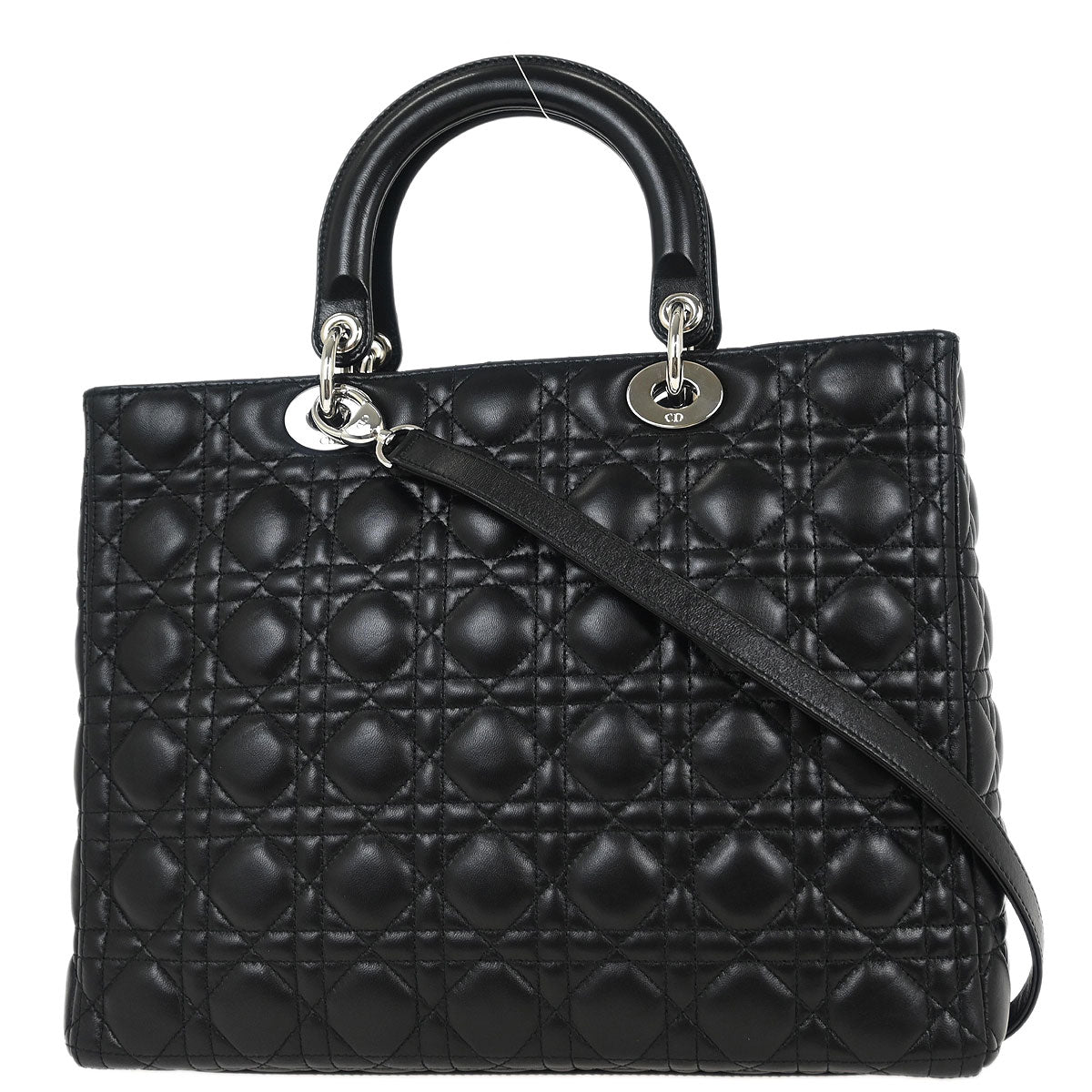 Christian Dior Black Lambskin Large Lady Dior Cannage 2way Handbag