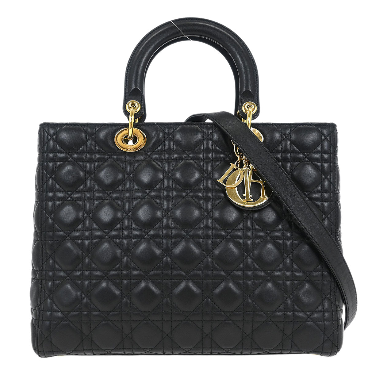 Christian Dior Black Lambskin Large Lady Dior Cannage 2way Handbag