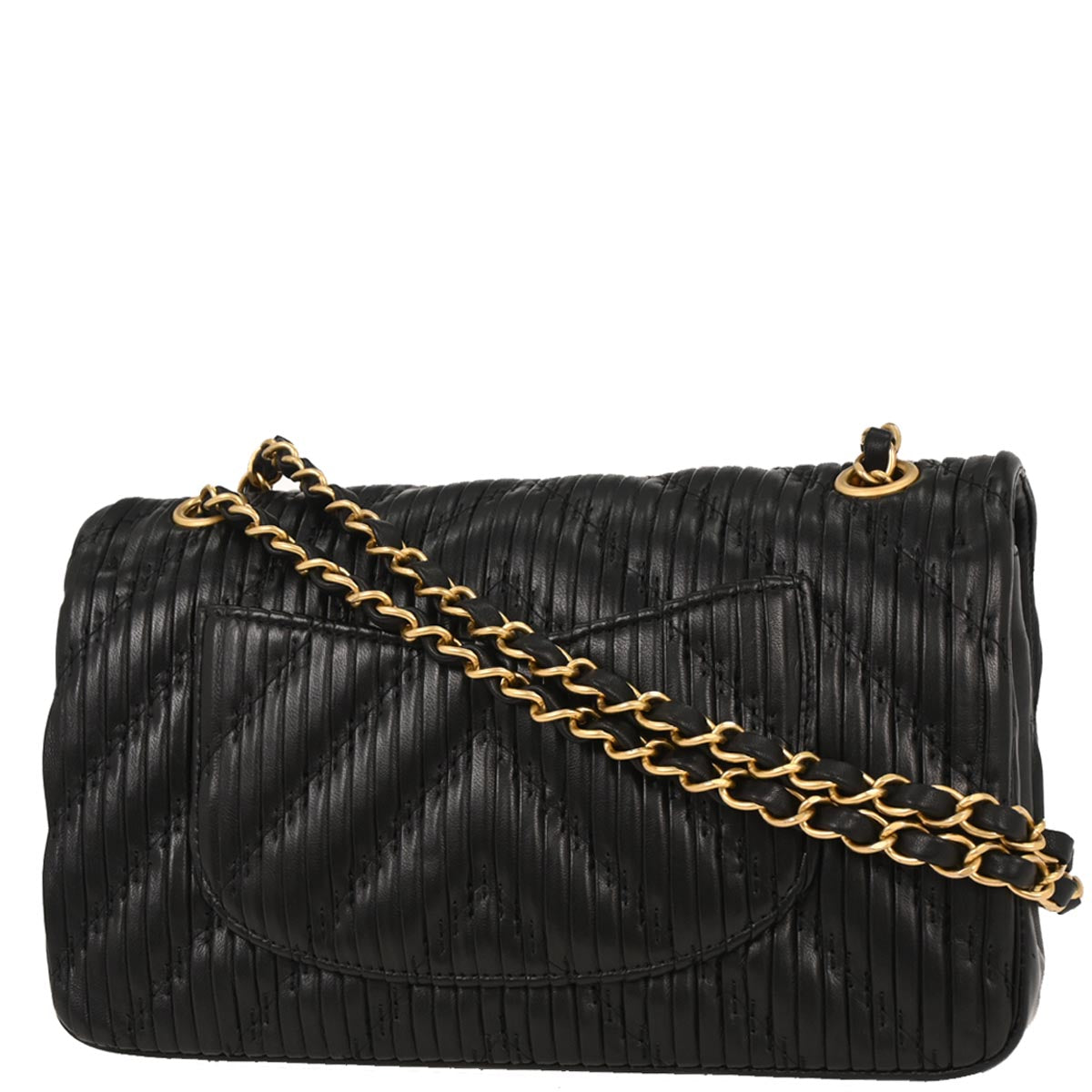 Chanel 2018 Black Calfskin Chevron Coco Pleats Medium Classic Double Flap Bag