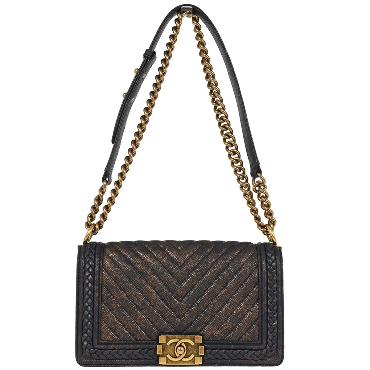 Boy Chanel 2018 Navy Gold Caviar Chevron Medium Shoulder Bag