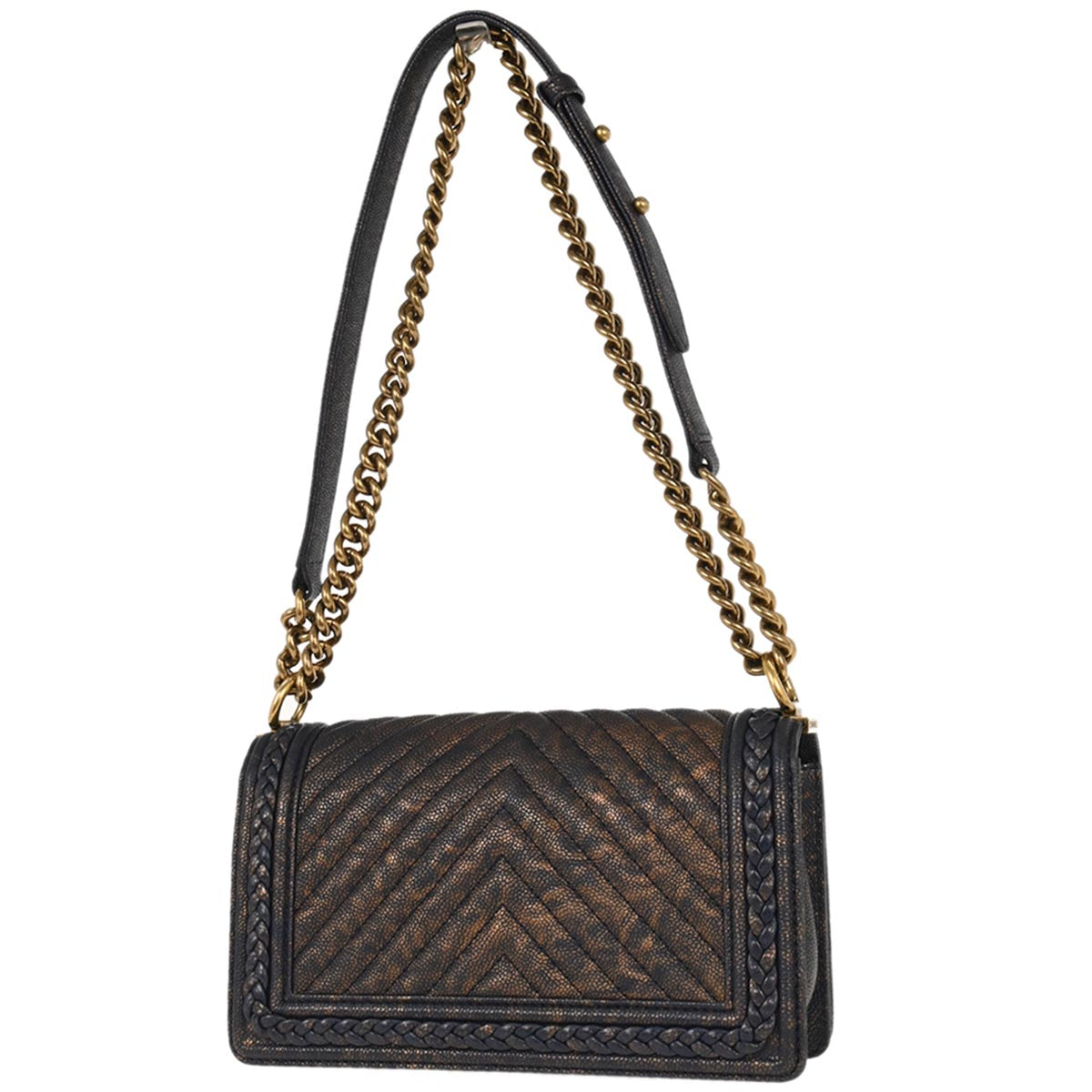 Boy Chanel 2018 Navy Gold Caviar Chevron Medium Shoulder Bag