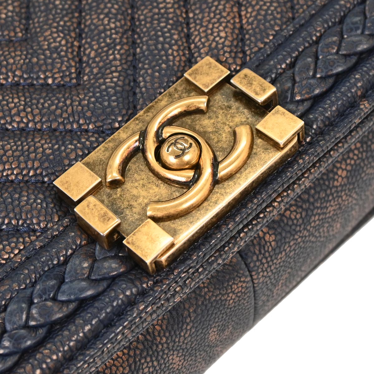 Boy Chanel 2018 Navy Gold Caviar Chevron Medium Shoulder Bag